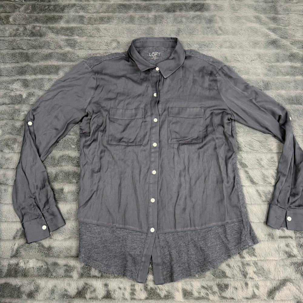 Ann Taylor LOFT Mixed Media Button Down Shirt Gray Petites SP Roll Tab Sleeves